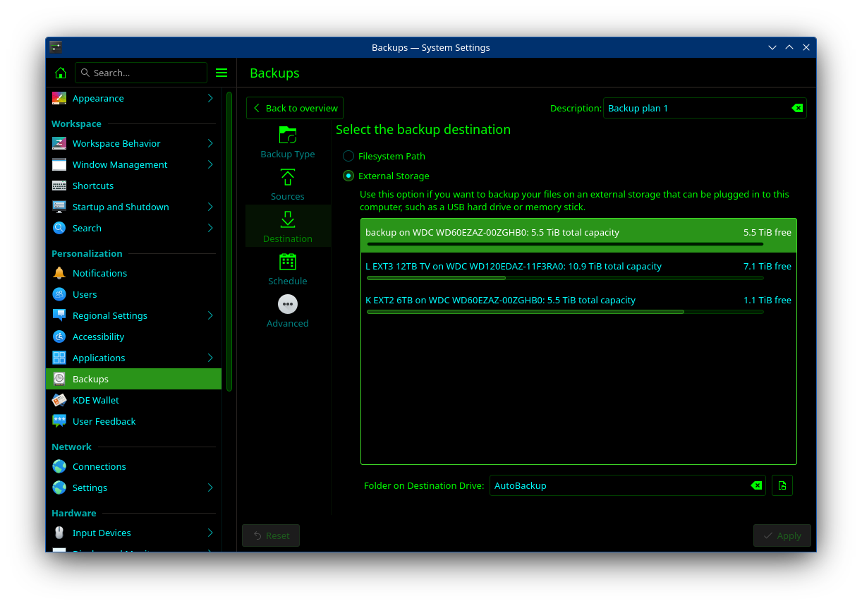 Selected backup location