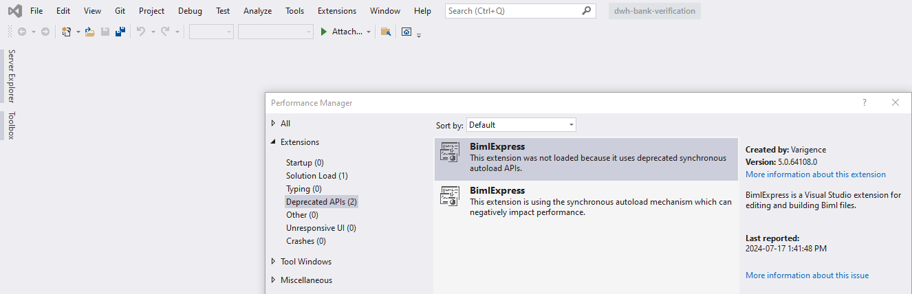 Error message of BimlExpress on Visual Studio 2019