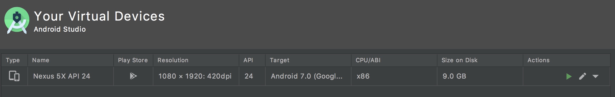 AVD Manager showing Nexus 5X API 24 only