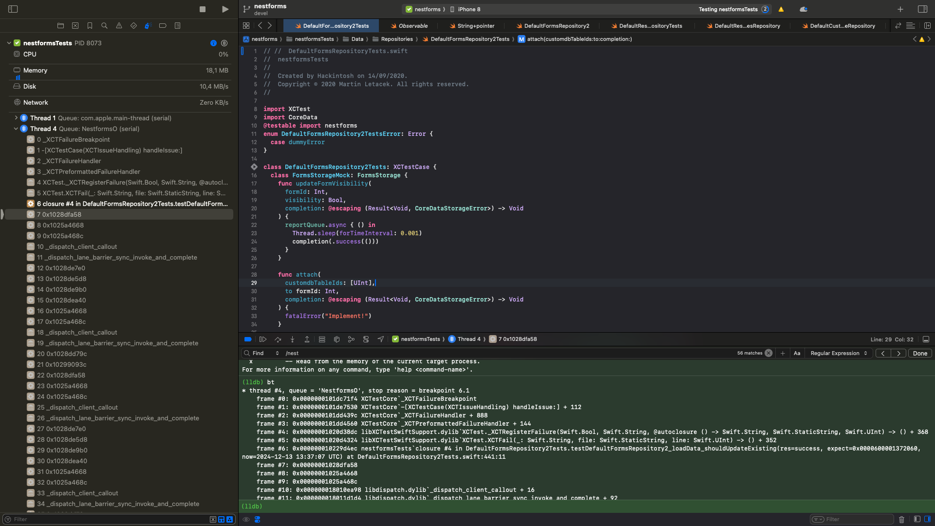Xcode Test when stopped on a breakpoint
