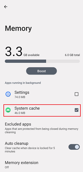 Screen-shot of ‘System cache’ app in ‘Memory’ in ‘Settings’
