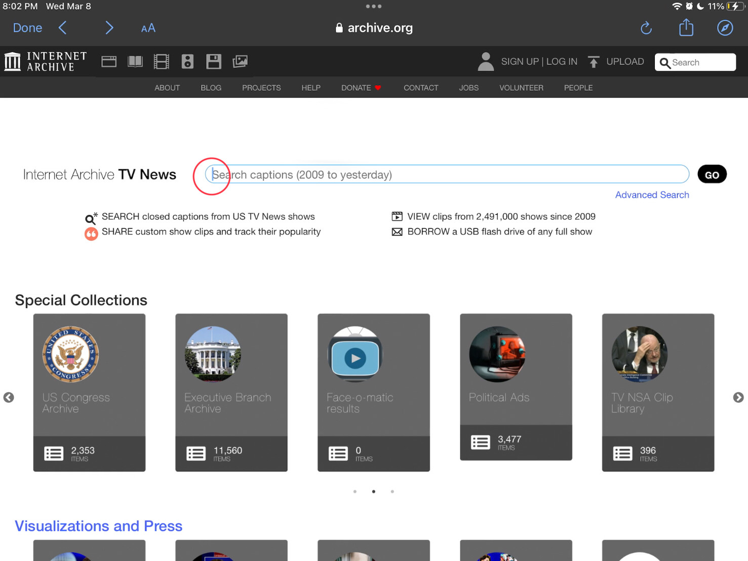 screenshot of input field on archive.org showing the cursor but no keyboard showing