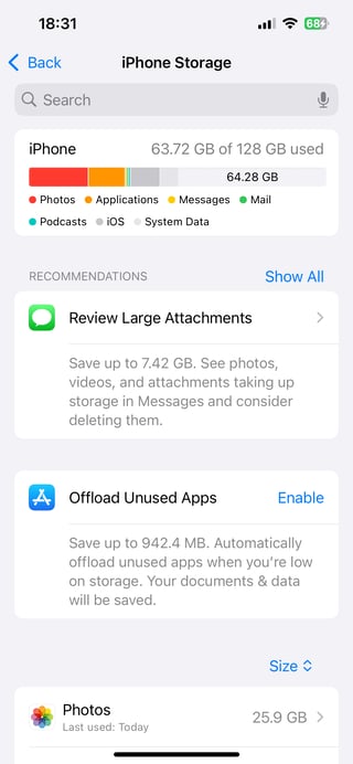 screenshot of an iOS settings menu displaying storage use for the photos app
