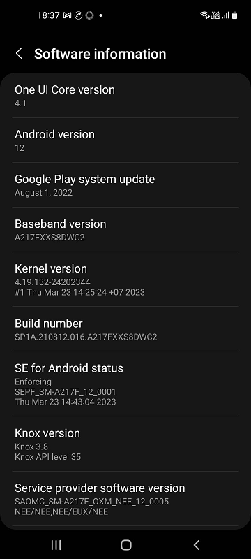 Settings, Samsung A21S: