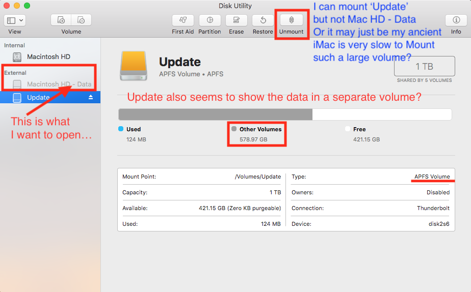 Update disk is mounted, but Macintosh HD - Data from MBP is unmounted and I cannot mount it