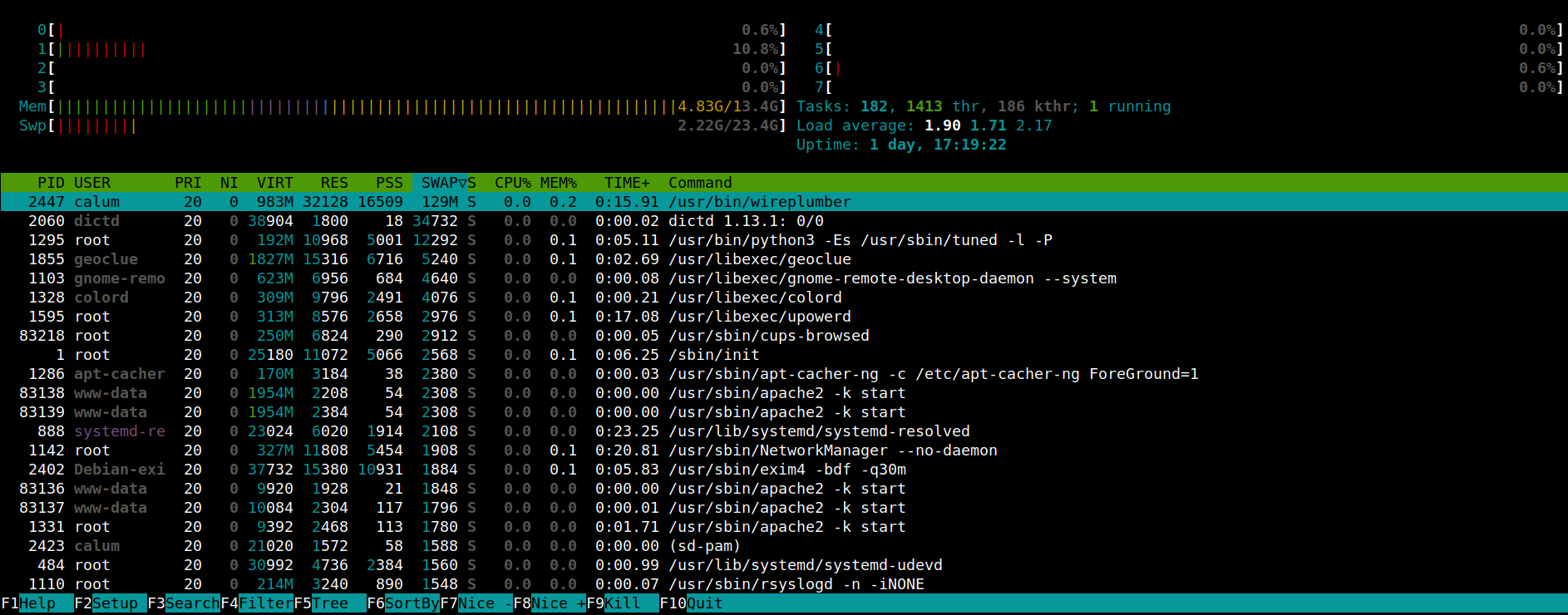 HTOP running as root, showing more swap memory used than all processes combined