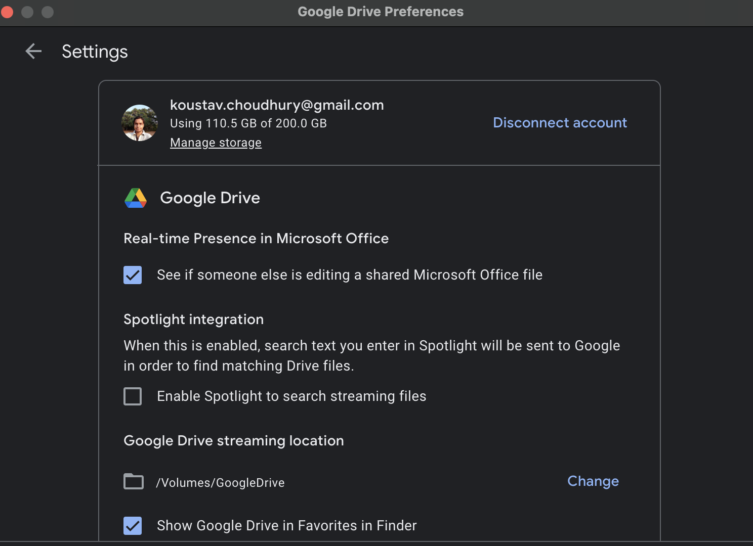 Google Drive Preferences - Settings