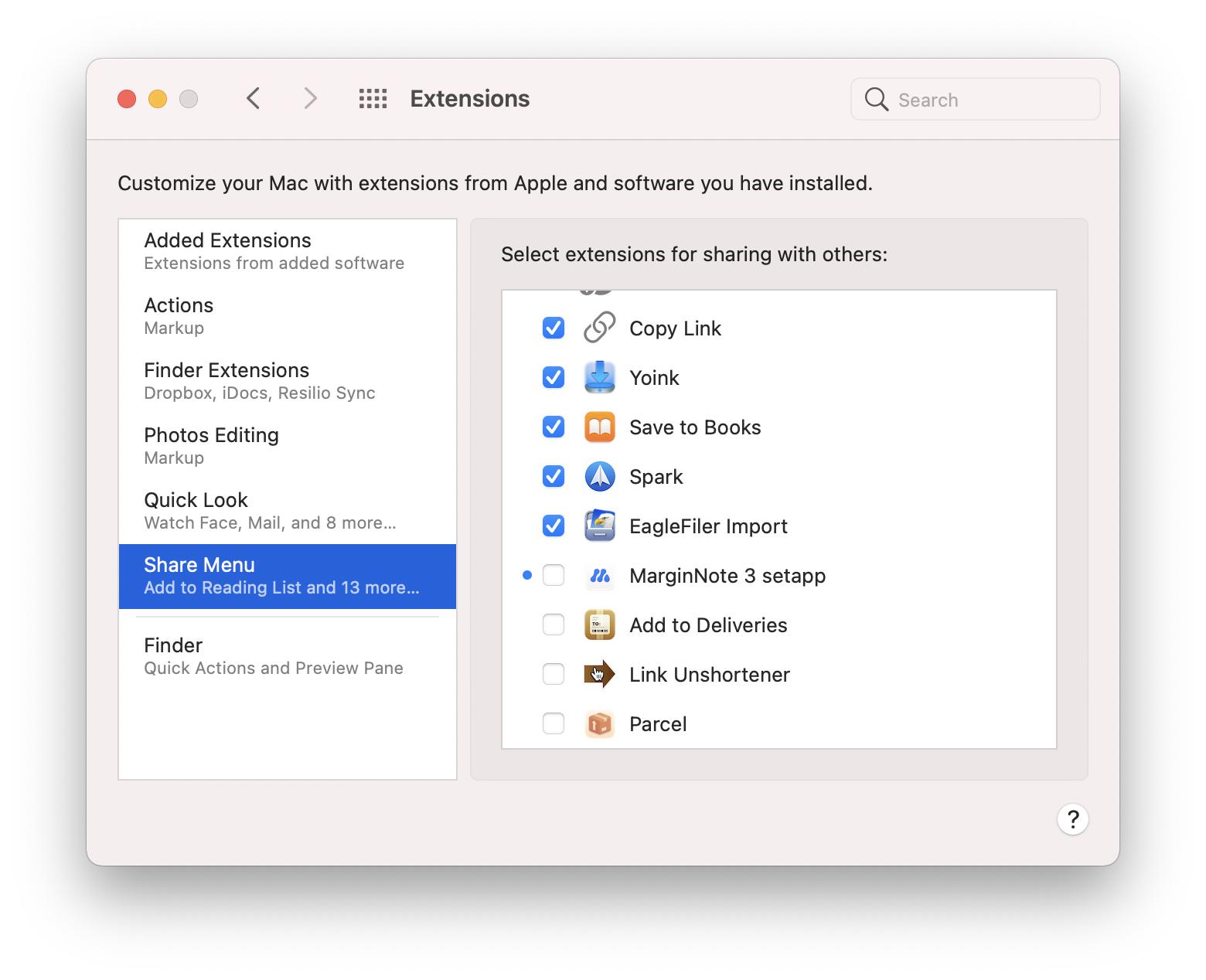 Extensions control panel in System Preferences
