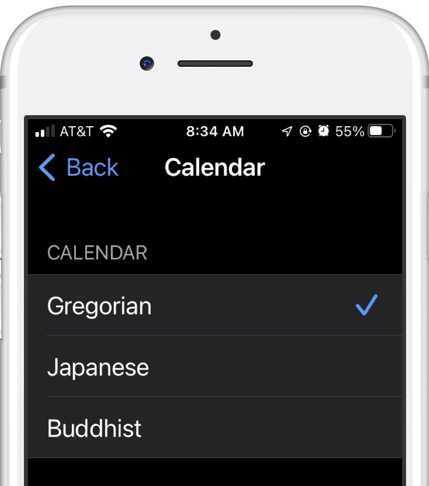 screenshot of iOS Settings app showing Calendar options