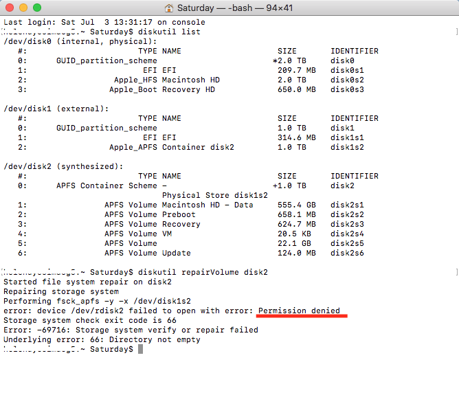 Terminal distil repairVolume failed due to Permissions