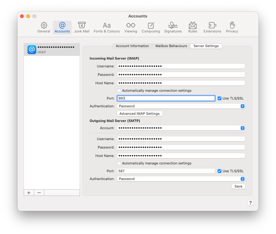 The settings dialogue with personal data redacted