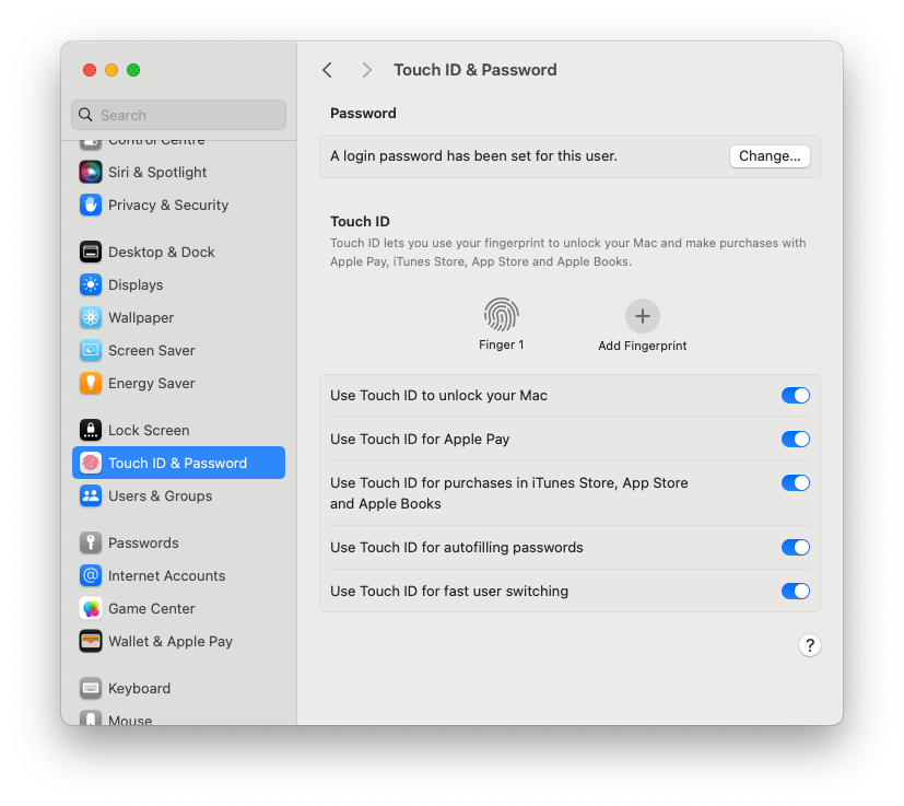 Touch ID & Password settings on Mac Studio