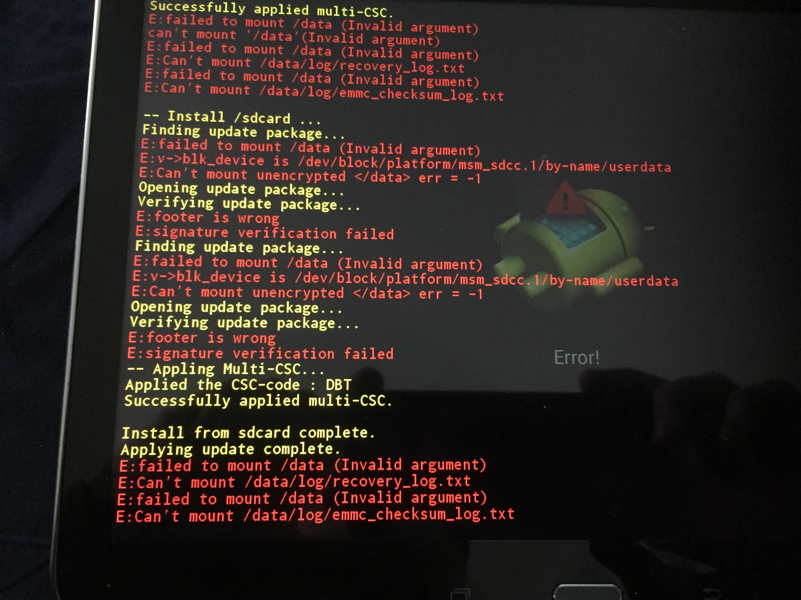 last screenshot with error messages after trying to install TWRP from sd card