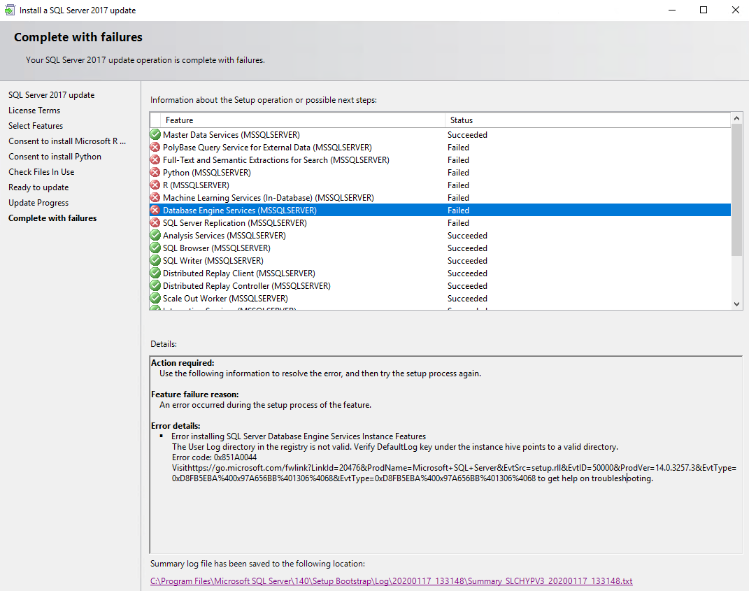 SQL Server 2017 CU18 Update Fails