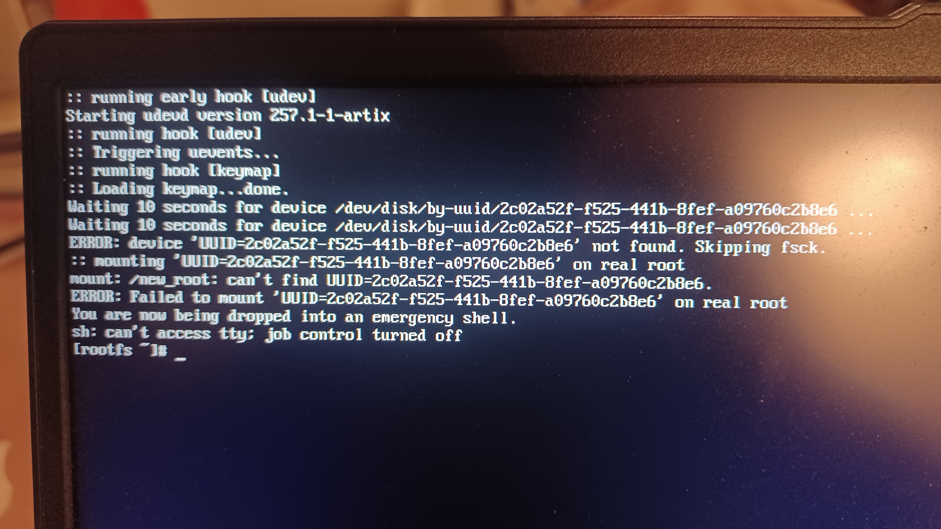 Image of initramfs error.