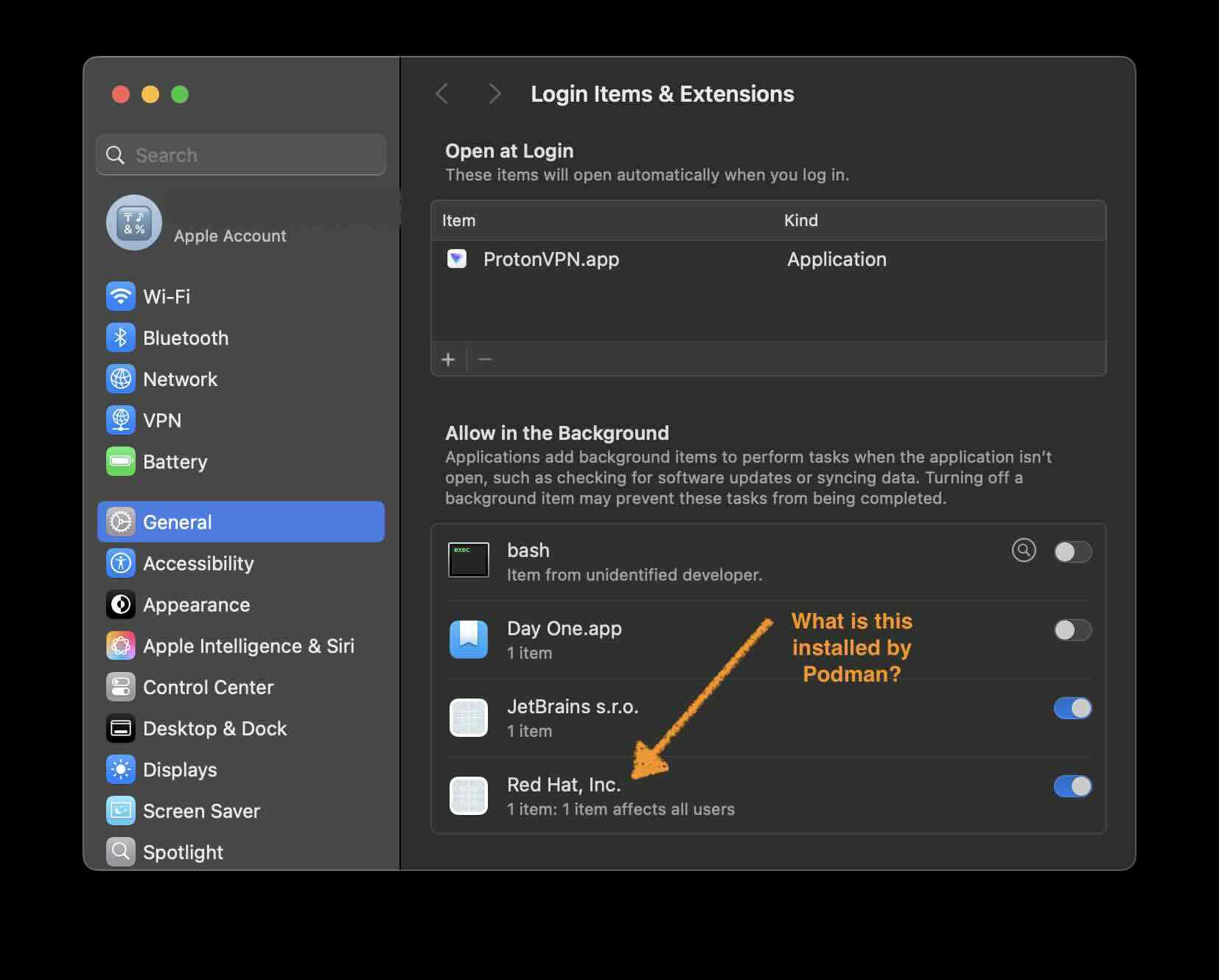 screenshot of Settings > General > Login Items & Extensions > Allow in Background > Red Hat, Inc.
