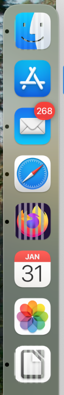 A vertical dock is shown with icons from Finder, App Store, Mail, Safari, Firefox, Calendar, Photos and Libreoffice. Finder, Firefox and LibreOffice have vertical stripes which makes the icon semi-transparent or inverted on those stripes.