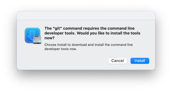 dialog box where the computer complains that it needs to install the command line tools