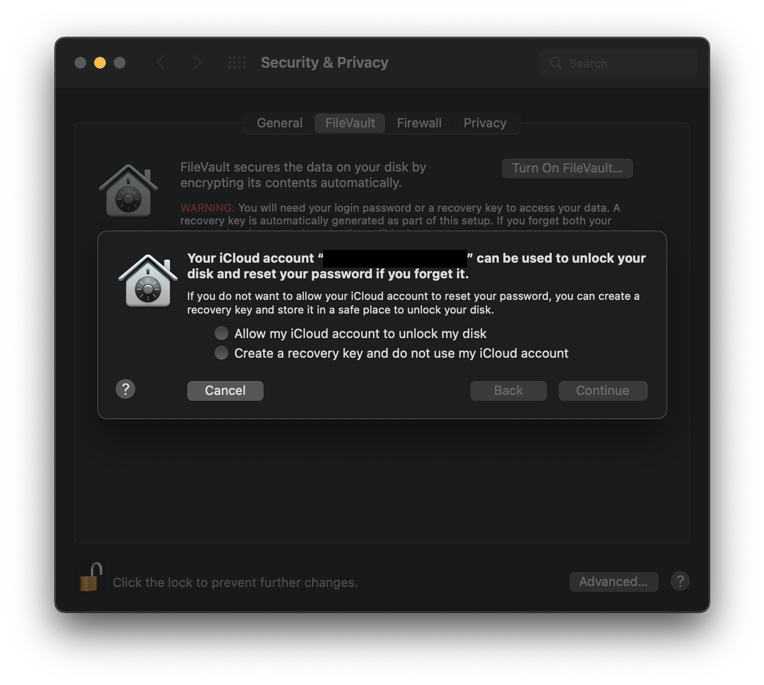 FileVault dialog