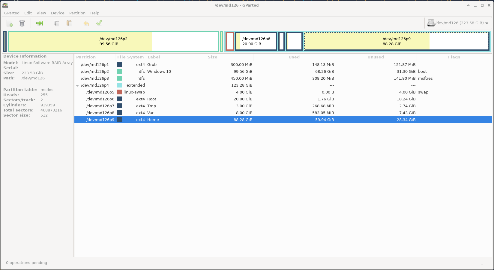 Home partition with mdadm & Gparted