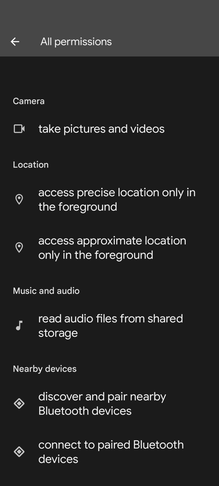 screenshot showing location permissions