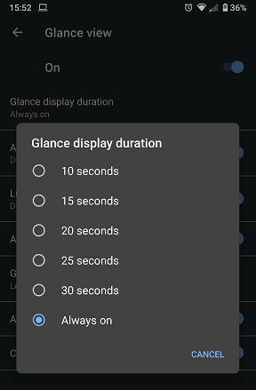 Glace display duration