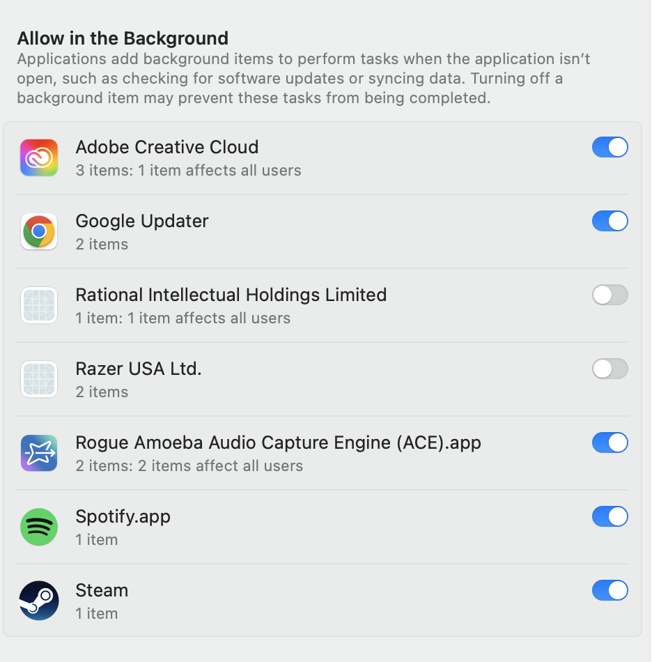 login items setting screen with Razer disabled