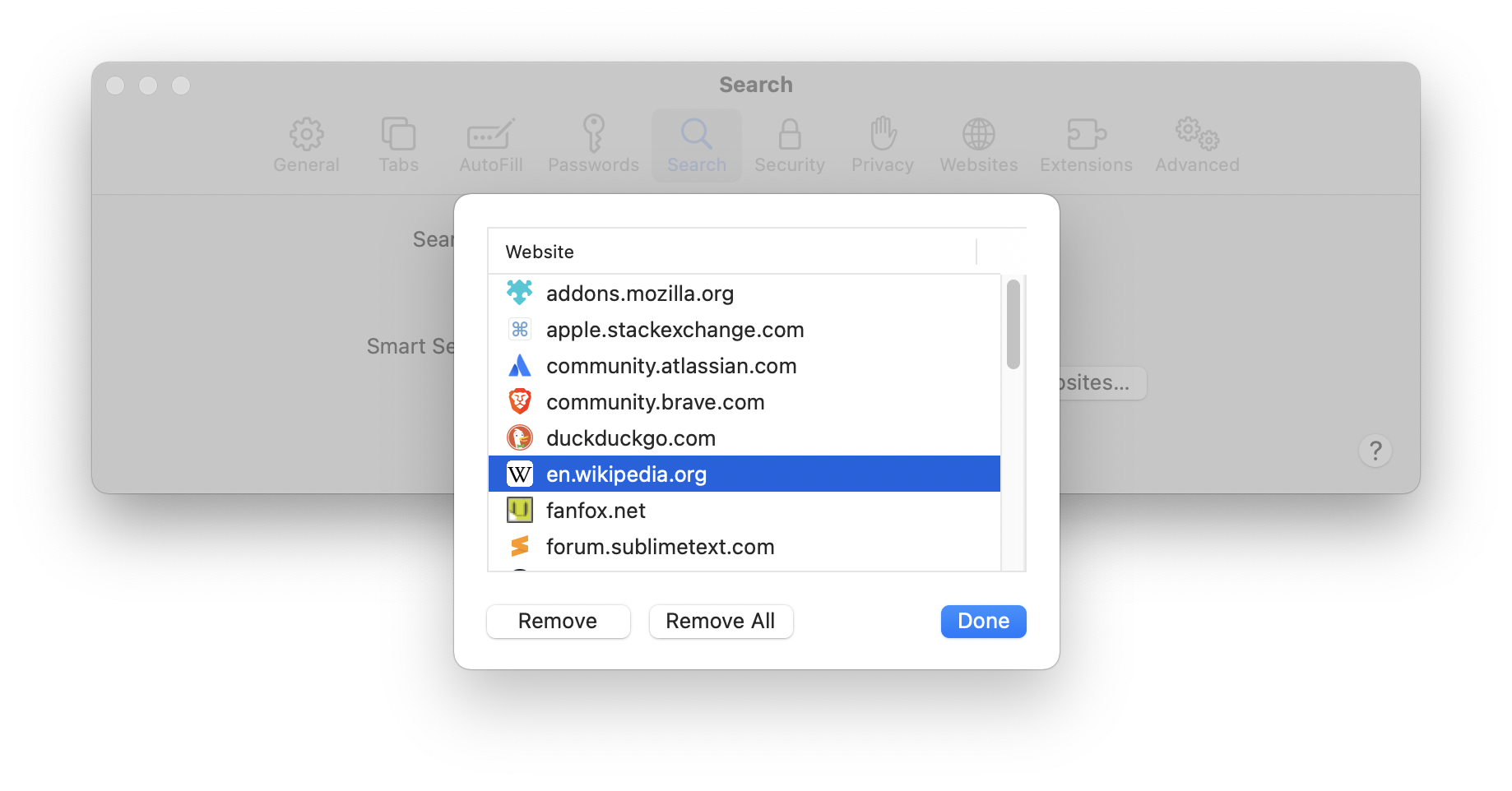 screenshot of Safari preference panel to select search engines