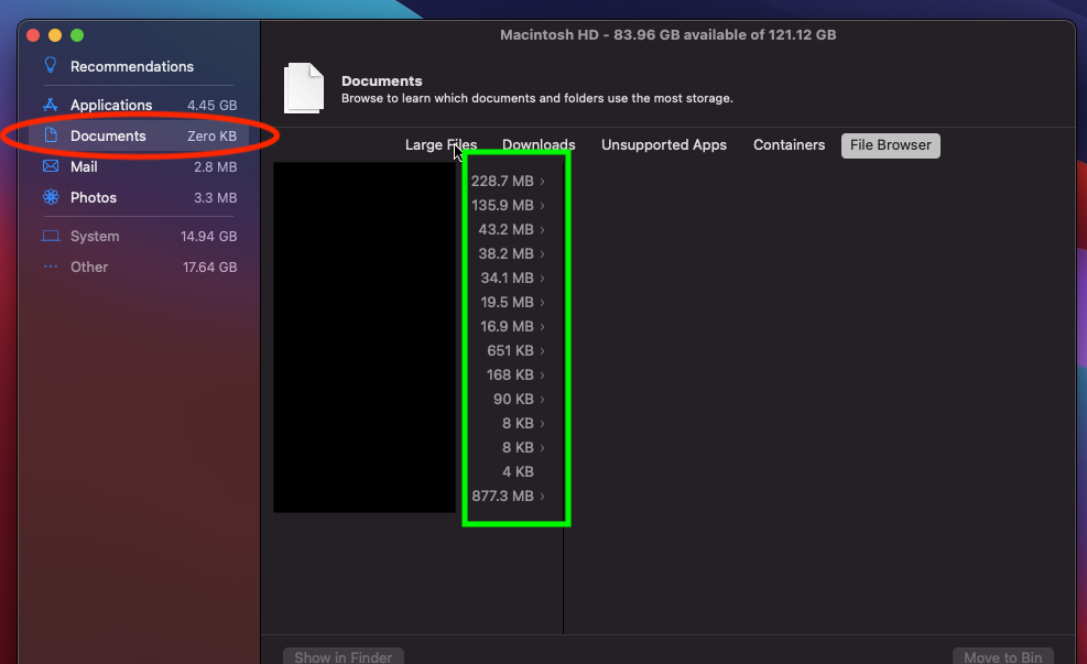 Documents Zero KB, File Browser showing entries of MBs