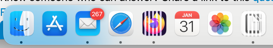 A horizontal dock is shown with icons from Finder, App Store, Mail, Safari, Firefox, Calendar, Photos and Libreoffice. Finder, Firefox and LibreOffice have vertical stripes which makes the icon semi-transparent or inverted on those stripes.