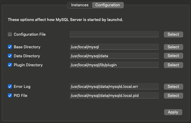 system preference settings for mySQL