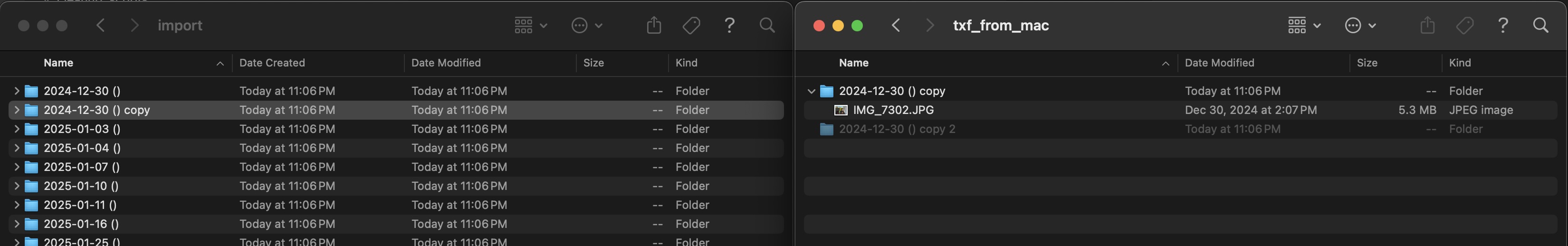 finder source and destination folders side by side