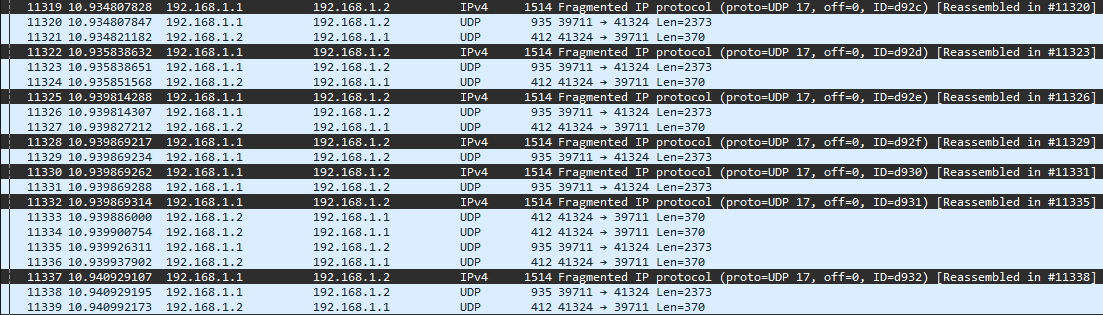 A packet trace from Wireshark showing the issue (described below)