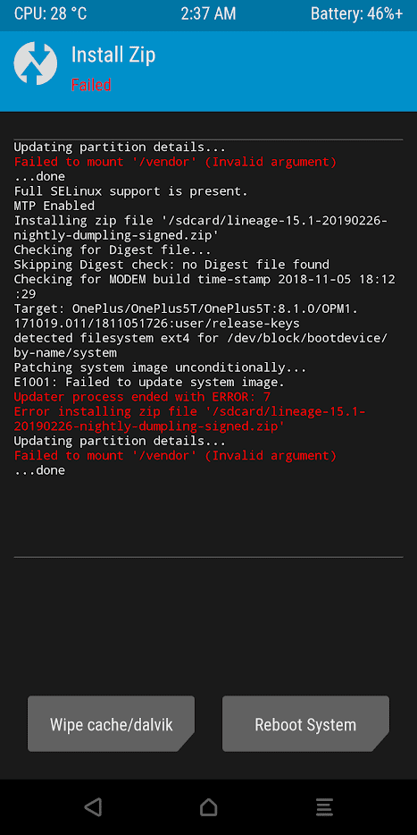 TWRP Error Lineagos Oneplus 5T