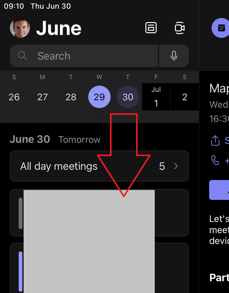Microsoft Teams app with the left sidebar of meetings list visible