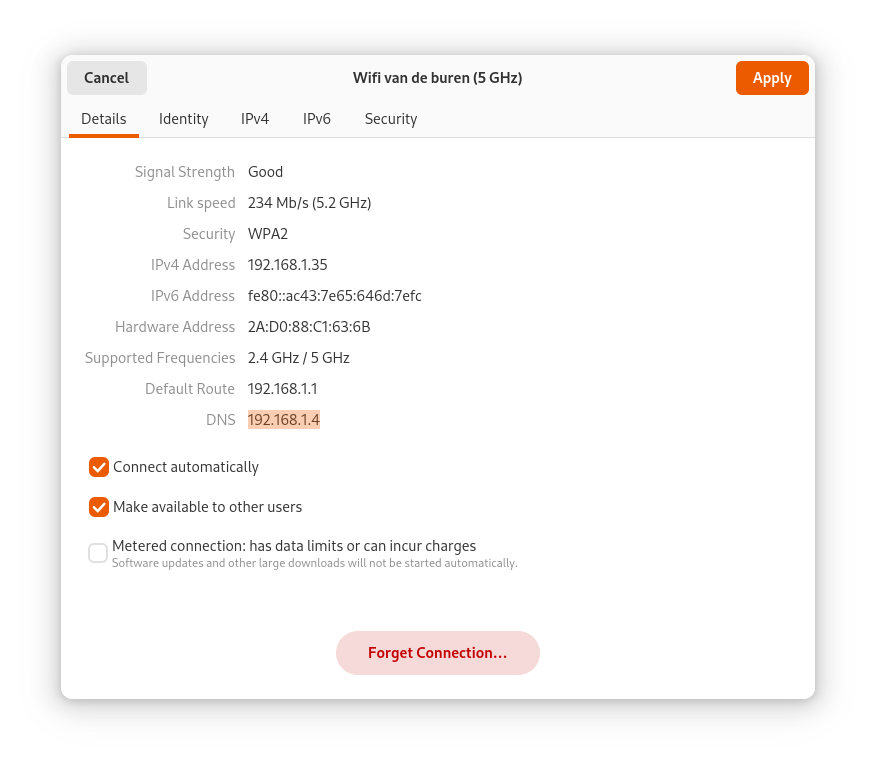 Network settings listing 192.168.1.4 as the DNS server
