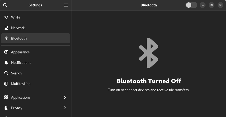bluetooth GUI showing it is off