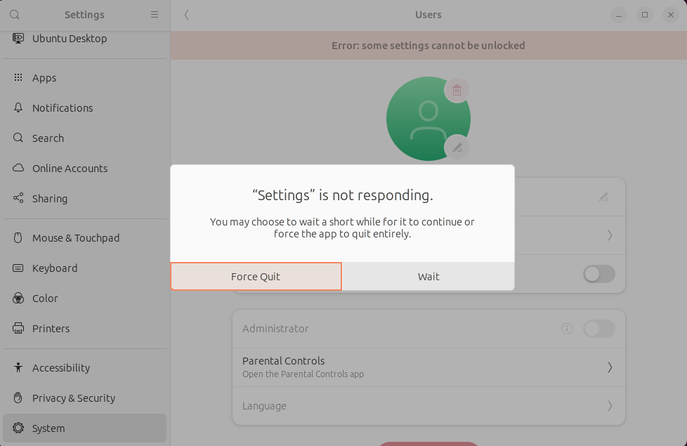 Settings System->Users crash