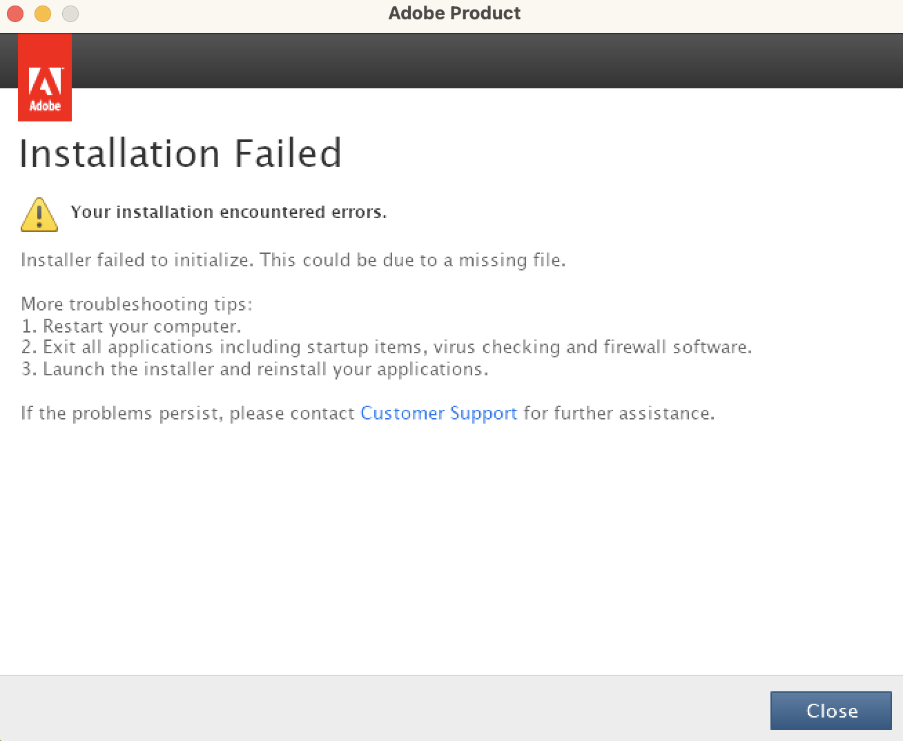 Installation Failed Message