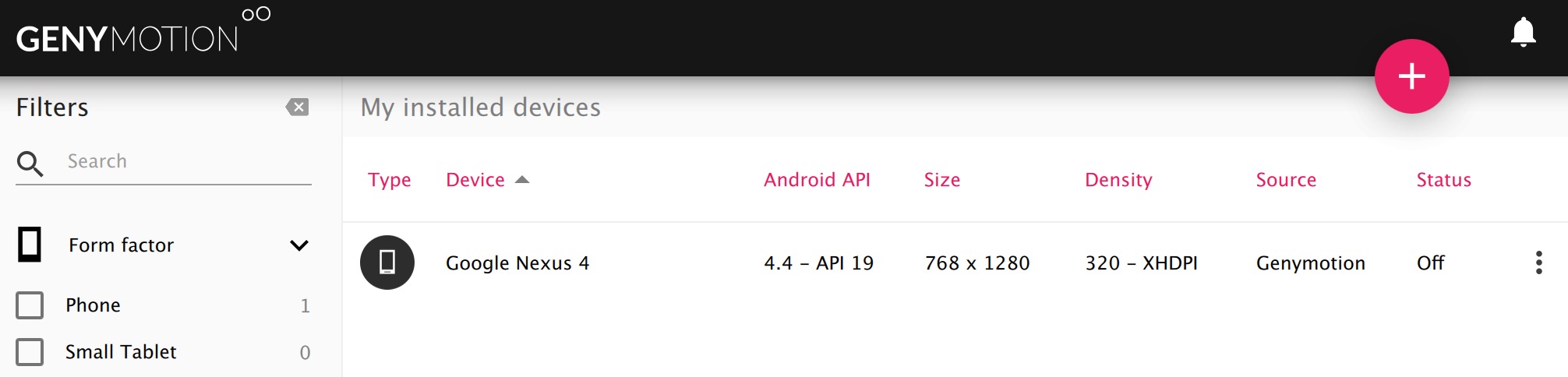 Genymotion showing Nexus 4 API 19 only
