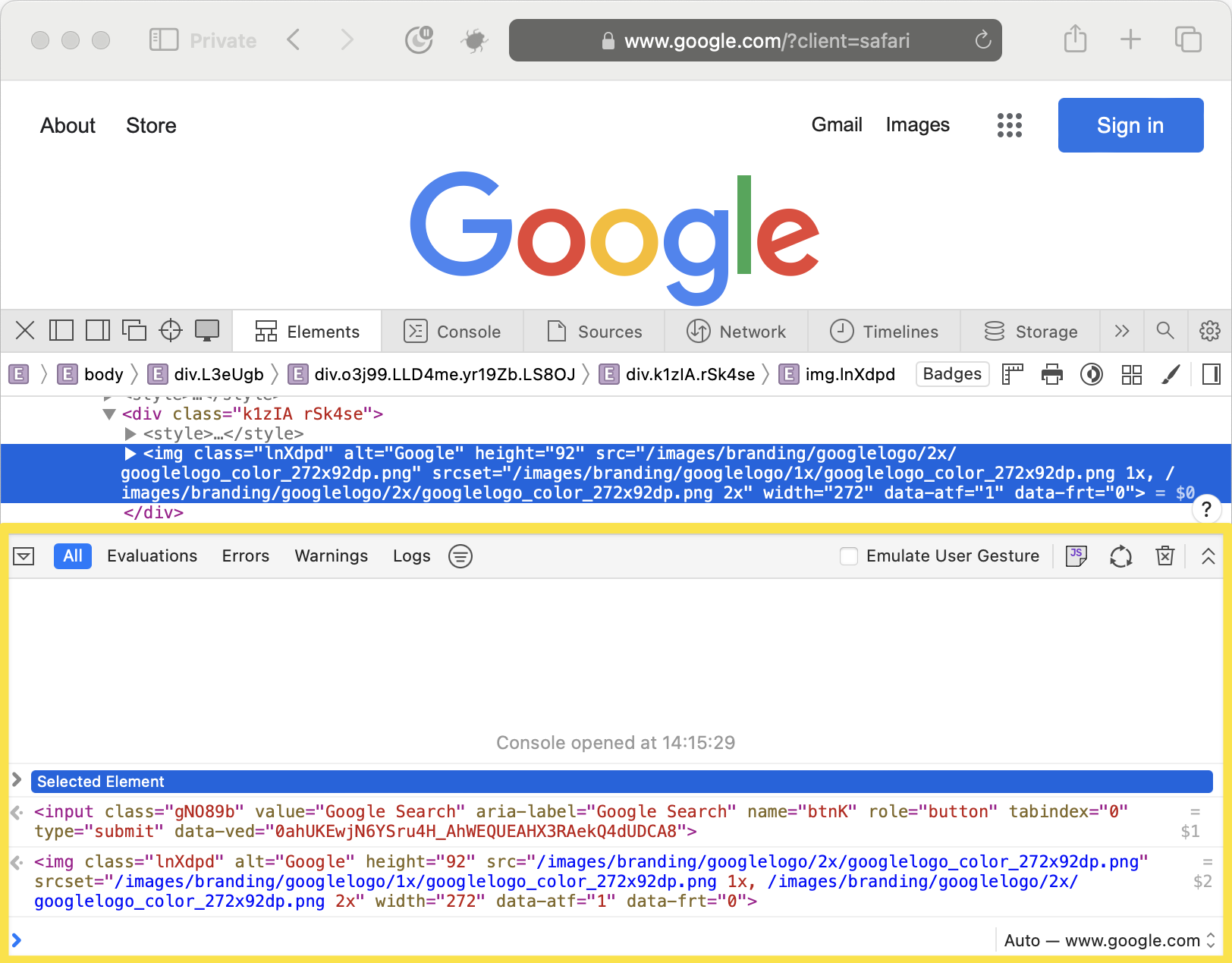 Web inspector ‘mini’ console