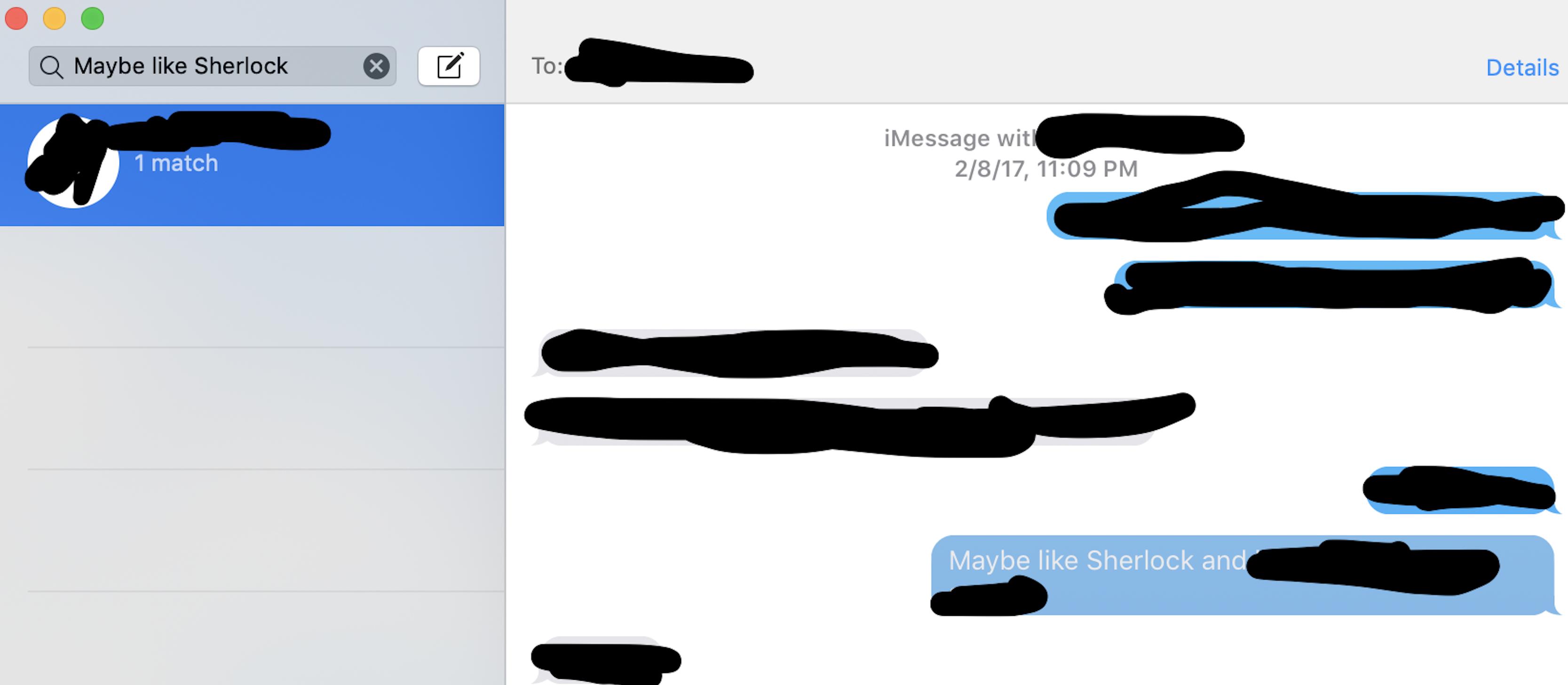 (I am on spotty wifi and can add a screen shot later from the messages app on Mac but basically this is a direct quote with 1 search hit that does successfully pop up.)