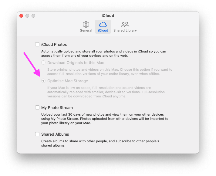screenshot of Photos App settings with disabled option 