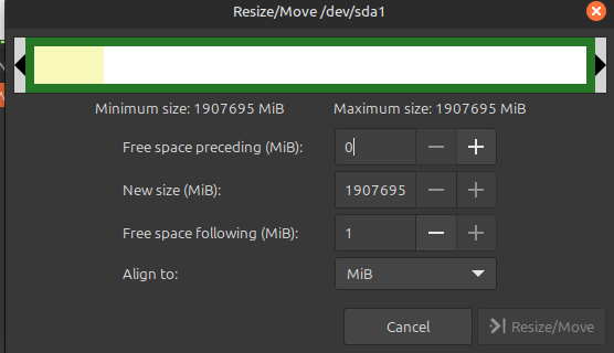 gparted says no room to shrink partition