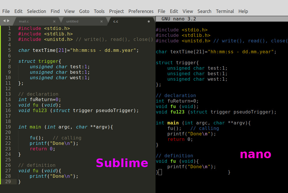 Sublime Text and nano side-to-side