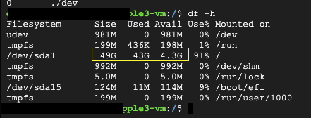 Running df -h shows 43GB size of /sda1/