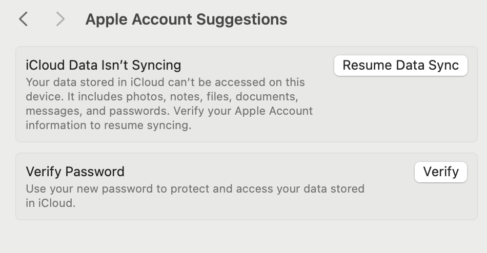 System Settings window showing two errors. First: iCloud Data Isn't Syncing with a buttom for Resume Data Sync. Second: Verify Password with a button for Verify.