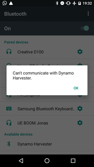 Bluetooth; can't communicate with Dynamo Harvester