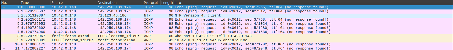 Wireshark screenshot of packets being dropped