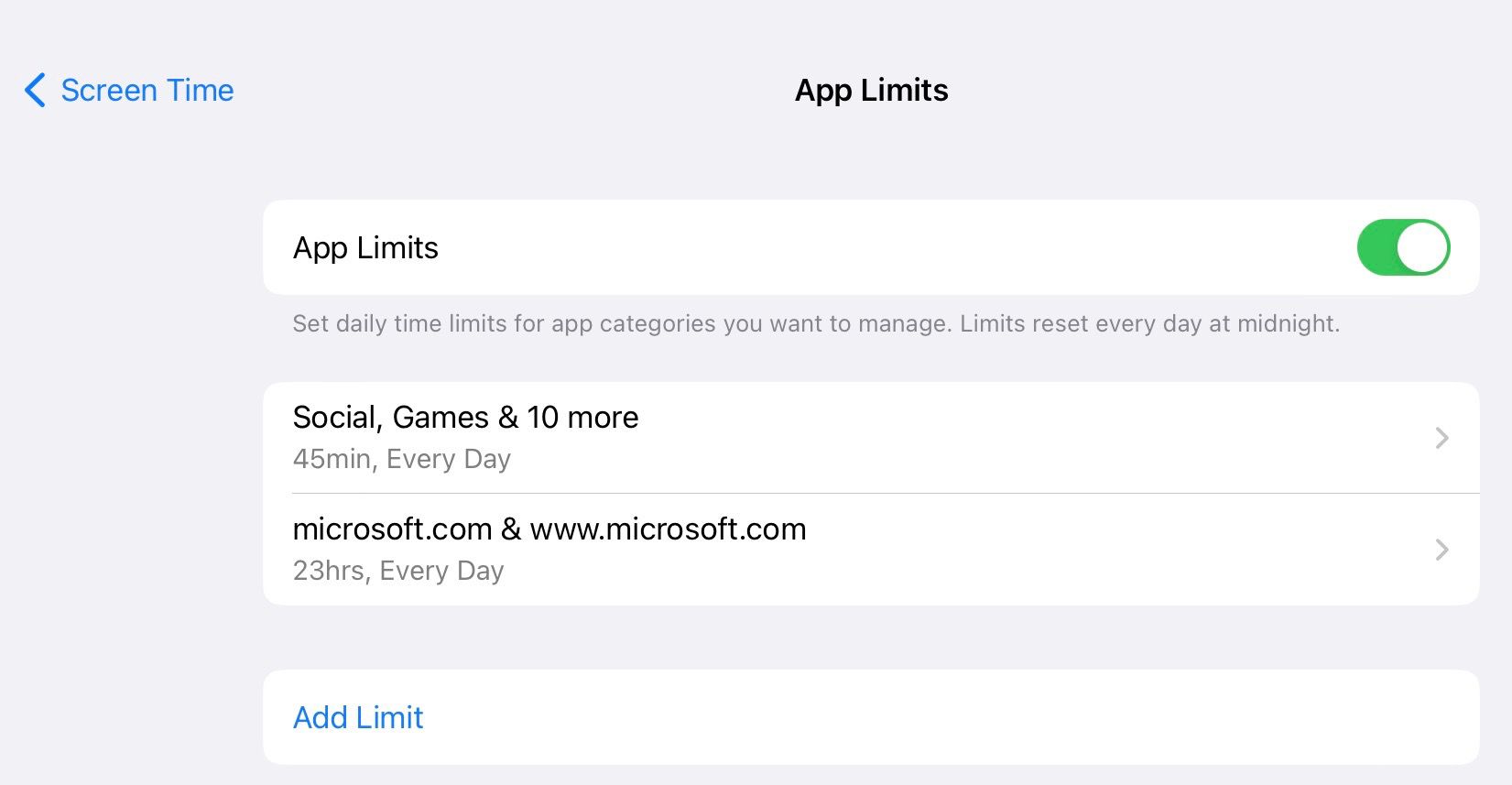 Screentime settings with the two categories mentioned